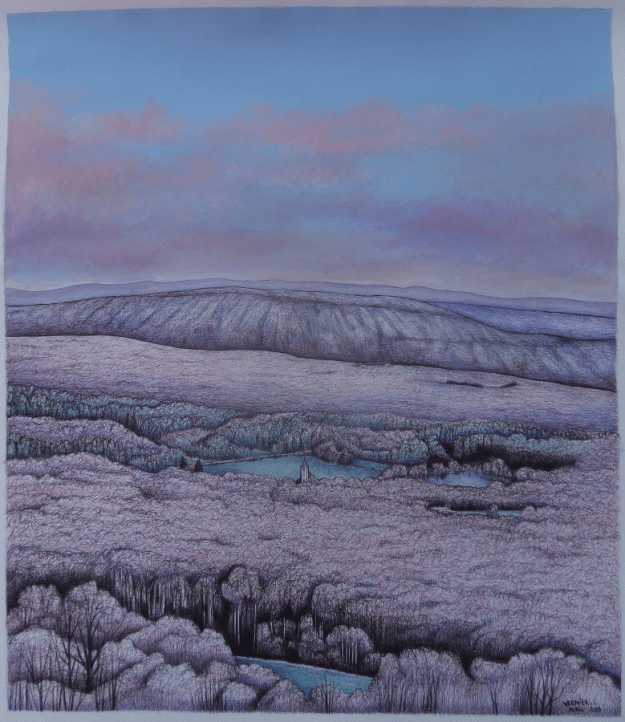 L'église de Nantey dans une mer d'arbres 67 x 59,5 cm 2019 (stylo bille et acrylique) Laurent Vernier