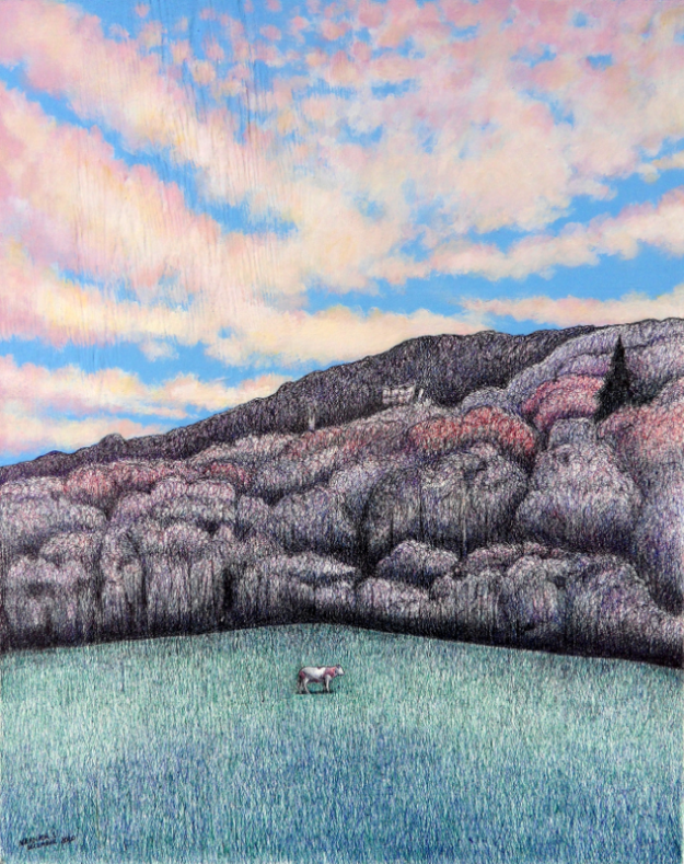 La Creuse, vache dans un champs (Mont Nivigne, Jura) 68 ,3 x 54,8 cm 2020 (stylo bille et acrylique sur aggloméré) laurent Vernier